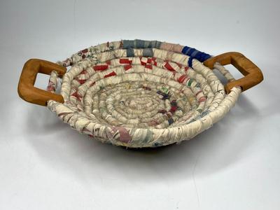 Vintage Retro Boho Twisted Braided Rag Rug Style Basket with Wood Handles