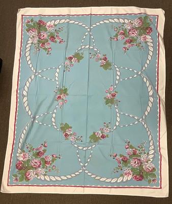 Vintage Blue with Pink Flowers Tablecloth Table Covering Linen