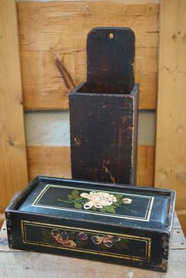EARLY HP CANDLEBOX W/FOLK ART FLORAL W/ PRIMITIVE HANGING PIPE BOX.