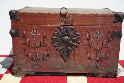 RARE PRIMITIVE EUROPEAN TRAVEL TRUNK DATED 1883 /HAND WROUGHT HARDWARE AND STENCILLED ART