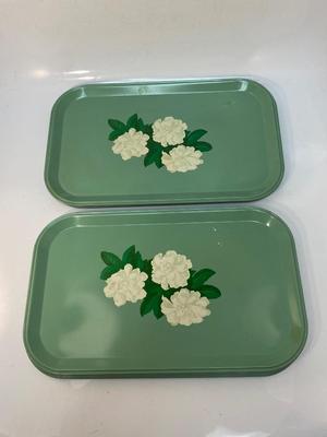 Set of 10 Green Metal Serving Rolling TV Lap Trays Tole White Gardenia Flowers  Mid-Century