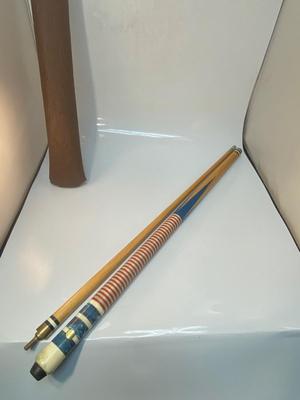 Vintage Two Piece 18oz Pool Cue Red & White & Blue Fabric Covered Handle with Case