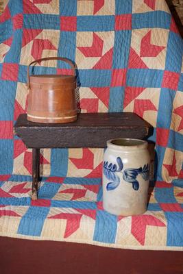 GROUPING OF PRIMITIVES TO INCLUDE SMALL SUGAR FIRKIN, BLUE DECORATED CANNING CROCK , RUSTIC STOOL
