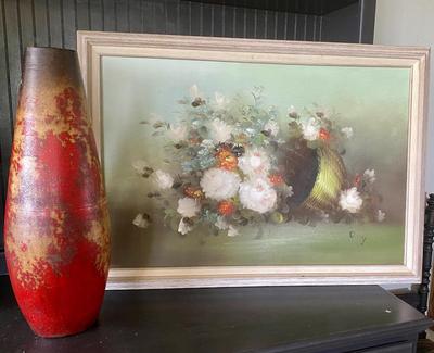Pretty Mid Century Painting and Tall Vase