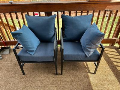 2 PATIO ARM CHAIRS WITH CUSHIONS