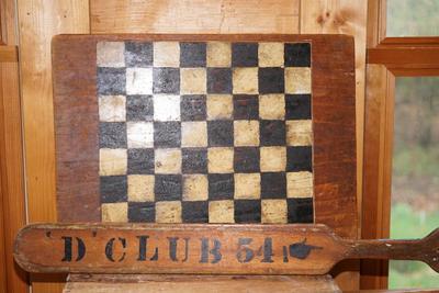 ANTIQUE WOODEN PAINTED CHECKERBOARD W/ FRATERNITY PADDLE