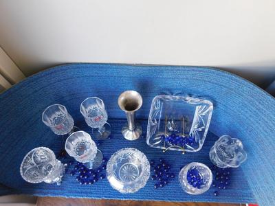 BEAUTIFUL ASSORTMENT OF LEAD CRYSTAL ITEMS, SOME BLUE MARBLES AND A TOUCH OF SILVER PLATE