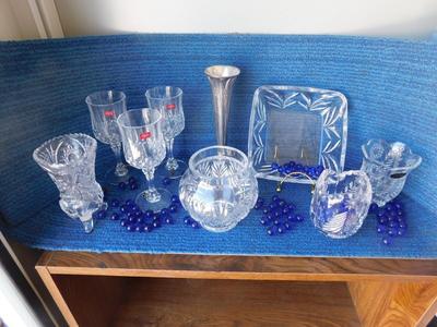 BEAUTIFUL ASSORTMENT OF LEAD CRYSTAL ITEMS, SOME BLUE MARBLES AND A TOUCH OF SILVER PLATE