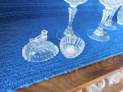 BEAUTIFUL ASSORTMENT OF LEAD CRYSTAL ITEMS, SOME BLUE MARBLES AND A TOUCH OF SILVER PLATE