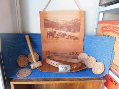 VINTAGE LITTLE BUCKAROO BELT AND BUCKLE, LEATHER HAMMER AND MORE LEATHER ITEMS