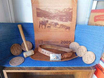 VINTAGE LITTLE BUCKAROO BELT AND BUCKLE, LEATHER HAMMER AND MORE LEATHER ITEMS