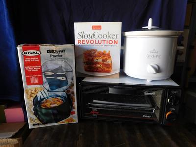 NEW RIVAL CROCKPOT AND TRAVEL CASE, SLOW COOKER REVOLUTION COOKBOOK AND NICE LITTLE PRIMO  TOASTER OVEN