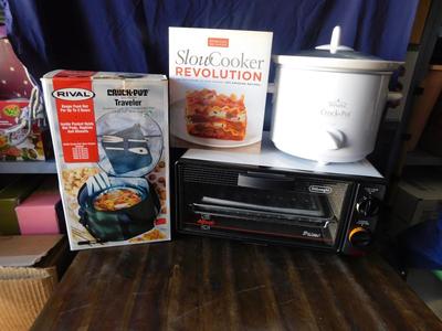 NEW RIVAL CROCKPOT AND TRAVEL CASE, SLOW COOKER REVOLUTION COOKBOOK AND NICE LITTLE PRIMO  TOASTER OVEN