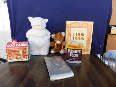 BLAST FROM THE PAST WITH ALL VINTAGE ITEMS, COOKIE JAR, LOG CABIN, HERSHEYS, TEDDY AND COOKBOOK