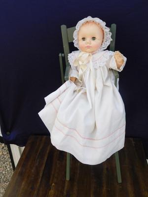 1974 EFFANBEE DOLL WITH ORIGINAL CLOTHING AND NEAT OLD VINTAGE WOODEN HIGH CHAIR