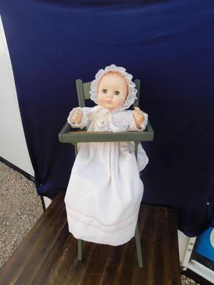 1974 EFFANBEE DOLL WITH ORIGINAL CLOTHING AND NEAT OLD VINTAGE WOODEN HIGH CHAIR