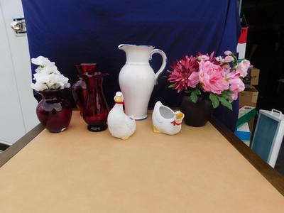 BEAUTIFUL CRANBERRY VASES, CUTE AVON DUCK PLANTERS & MORE