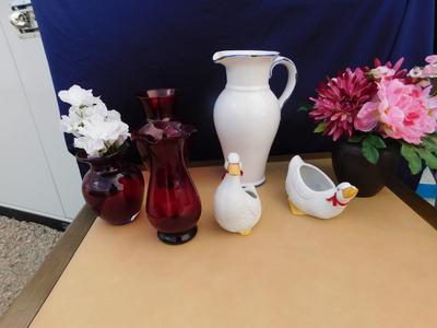 BEAUTIFUL CRANBERRY VASES, CUTE AVON DUCK PLANTERS & MORE