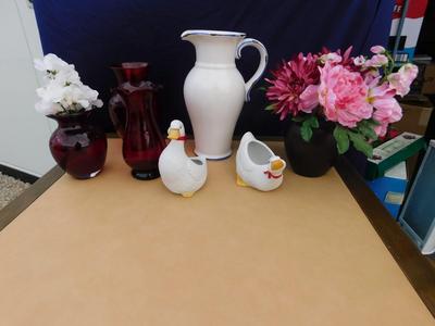 BEAUTIFUL CRANBERRY VASES, CUTE AVON DUCK PLANTERS & MORE