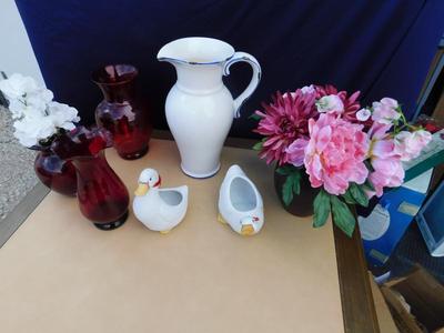 BEAUTIFUL CRANBERRY VASES, CUTE AVON DUCK PLANTERS & MORE