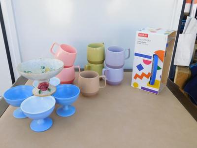NIB COFFEE PRESS, VINTAGE COFFEE CUPS, ICE CREAM COMMODES, ITALIAN DISH