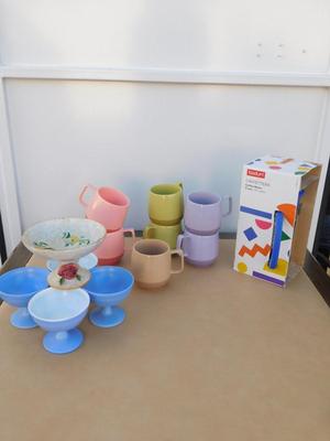 NIB COFFEE PRESS, VINTAGE COFFEE CUPS, ICE CREAM COMMODES, ITALIAN DISH