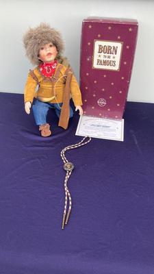 LITTLE DAVEY CROCKET WITH CERTIFICATE OF AUTHENTICITY AND VINTAGE DAVEY CROCKET BOLO