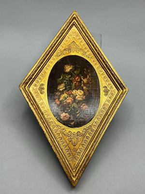 Vintage Gold Gilded Flemish School Flowers G.B. Florence Made in Italy Diamond Framed Artwork