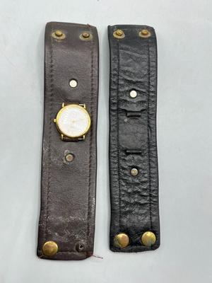 Pair of Vintage Wide Leather Brown & Black Strap Wrist Bands with Timex Quartz Watch