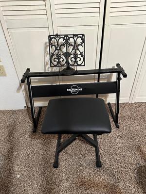 ELECTRIC KEYBOARD STAND, STOOL AND AN IRON BOOK STAND