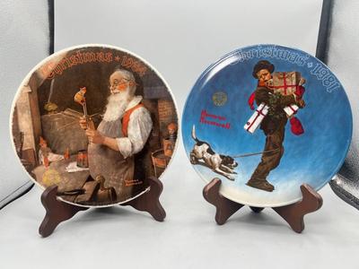 Vintage Norman Rockwell Christmas Collector Plates Santa in his Workshop & Wrapped Up in Christmas