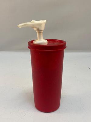 Small Retro Vintage Red Tupperware Pump Bottle Soap Lotion Ketchup Bottle Removeable Lid
