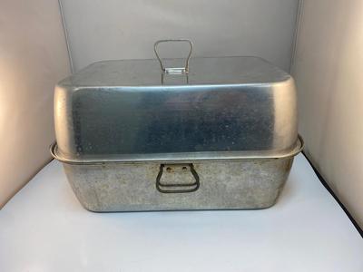 Large Vintage Aluminum Roasting Pan with Racks & Lid