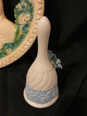 CHALK WARE WALL HANGING, VINTAGE PRINT,SALT AND PEPPER SHAKERS, BELL AND MORE!