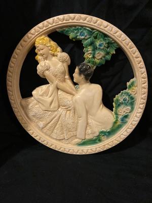CHALK WARE WALL HANGING, VINTAGE PRINT,SALT AND PEPPER SHAKERS, BELL AND MORE!