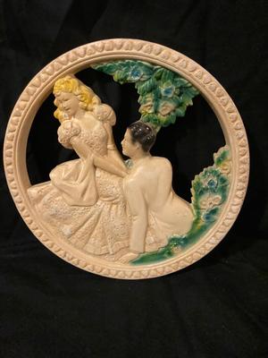 CHALK WARE WALL HANGING, VINTAGE PRINT,SALT AND PEPPER SHAKERS, BELL AND MORE!