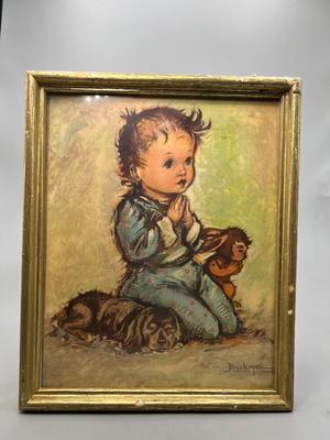 Vintage Bukac Baby Boy Praying Lithograph Hanging Frame Art Print