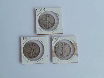 1939, 1943, and 1945 Walking Liberty Half Dollar Coins