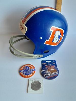 Denver Bronco collectibles, Helmet, Pin back Buttons, and 1976 Schedule Coin