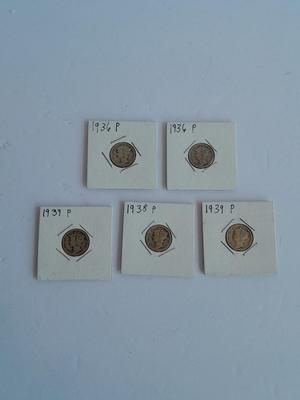 Five Liberty Dimes two 1936 P, a 1938P and two 1939 P,