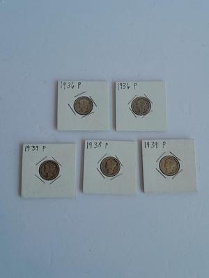 Five Liberty Dimes two 1936 P, a 1938P and two 1939 P,