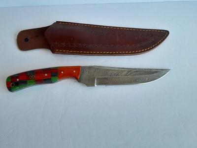 Custom Made Damascus Steel Knife with multi-colored inlayed wooden handle. Beautiful Knife!