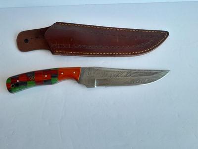 Custom Made Damascus Steel Knife with multi-colored inlayed wooden handle. Beautiful Knife!