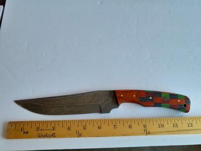 Custom Made Damascus Steel Knife with multi-colored inlayed wooden handle. Beautiful Knife!