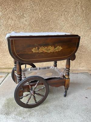 Vintage Walter of Wabash Pine Wood Rolling Tea Beverage Cart with Silver Plate Serving Tray