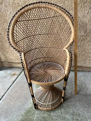 Vintage Retro Small Child Sized Cane Rattan Peacock Fan Chair