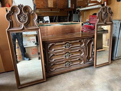 Vintage Barwick Midcentury Lowboy Long Dresser Buffet with Mirrors