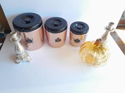 Vintage copper Westbend canister set, Coffee, Sugar & Tea with Glass pumpkin candle. holder