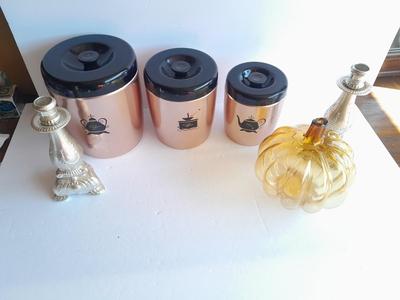 Vintage copper Westbend canister set, Coffee, Sugar & Tea with Glass pumpkin candle. holder