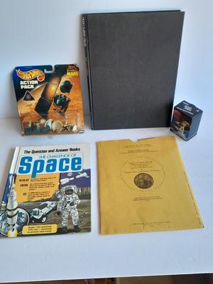 JPL Return to Mar's Hot Wheels Action pack, Books on Space, Trading cards, and Geological maps of the Descartes Region of the moon